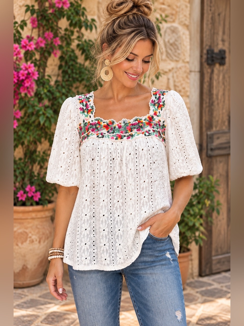 JBL Off White Eyelet Embroidered Boho Top XL Floral Square Neck Cottagecore